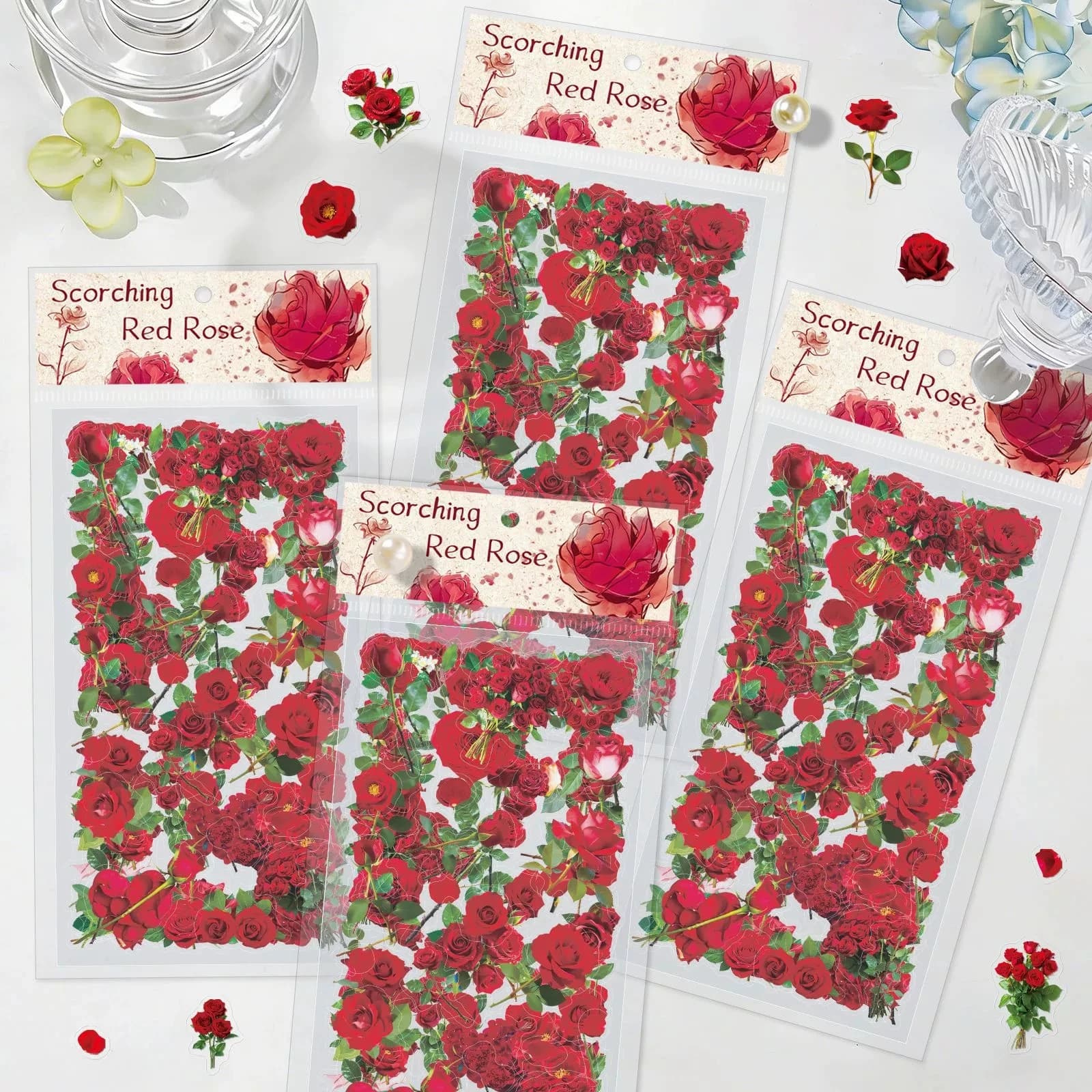 6/12/18PCS Red Rose Transparent PET Stickers DIY Realistic Flower and Plant Decoration Waterproof Notebook Stickers