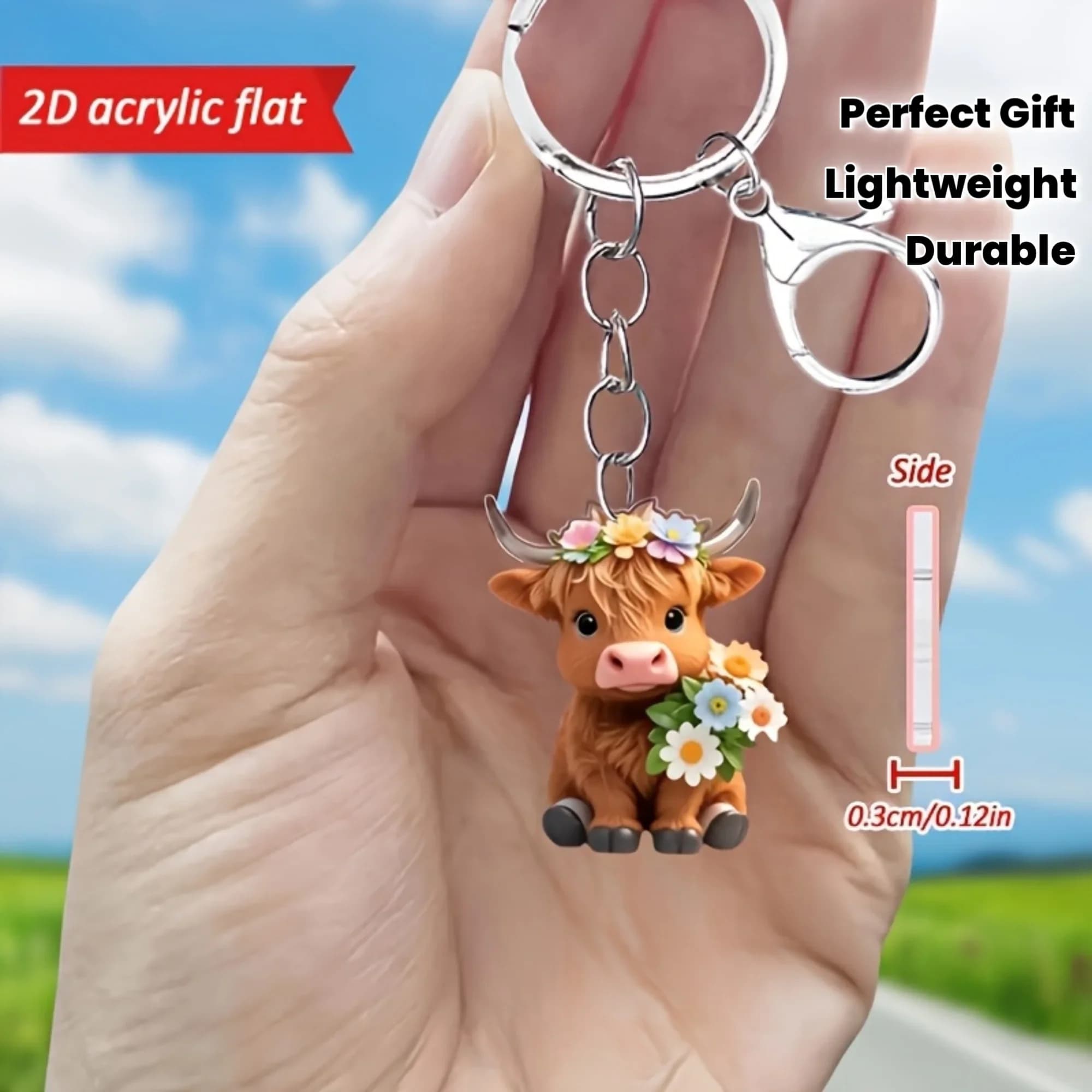 Portachiavi 2D piatto con design di una mucca delle Highland - Acrilico resistente, leggero e versatile, adatto per chiavi dell'auto, cellulari, zaini, portafogli - Regalo perfetto per amici, ideale come accessorio per portachiavi dell'auto
