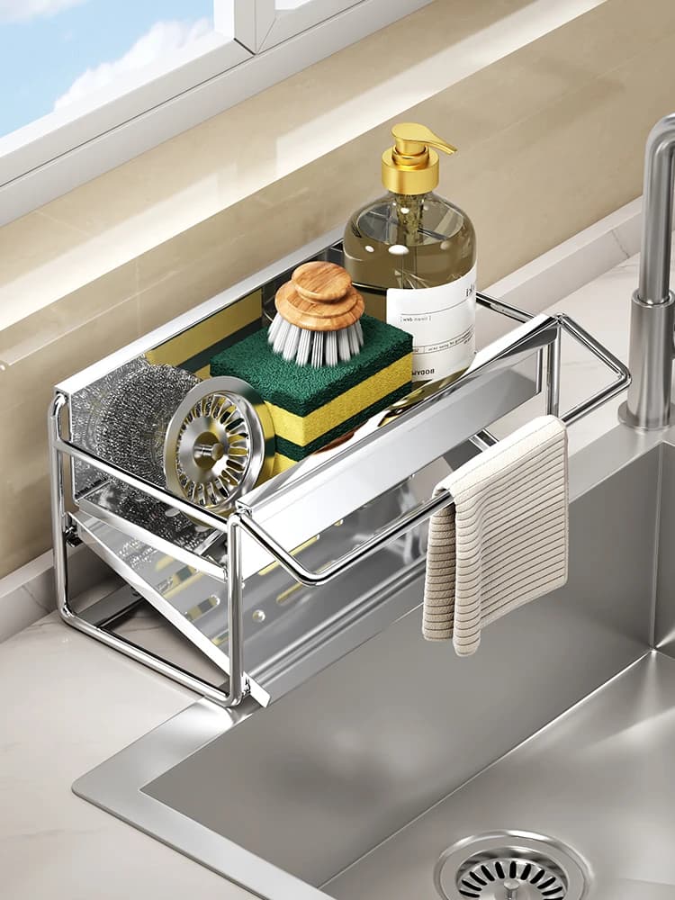 Organizzatore da Cucina in Acciaio Inossidabile Stile Nordico: Scolapiatti per Strofinacci, Spugne e Pagliette, Ripiano Portaoggetti