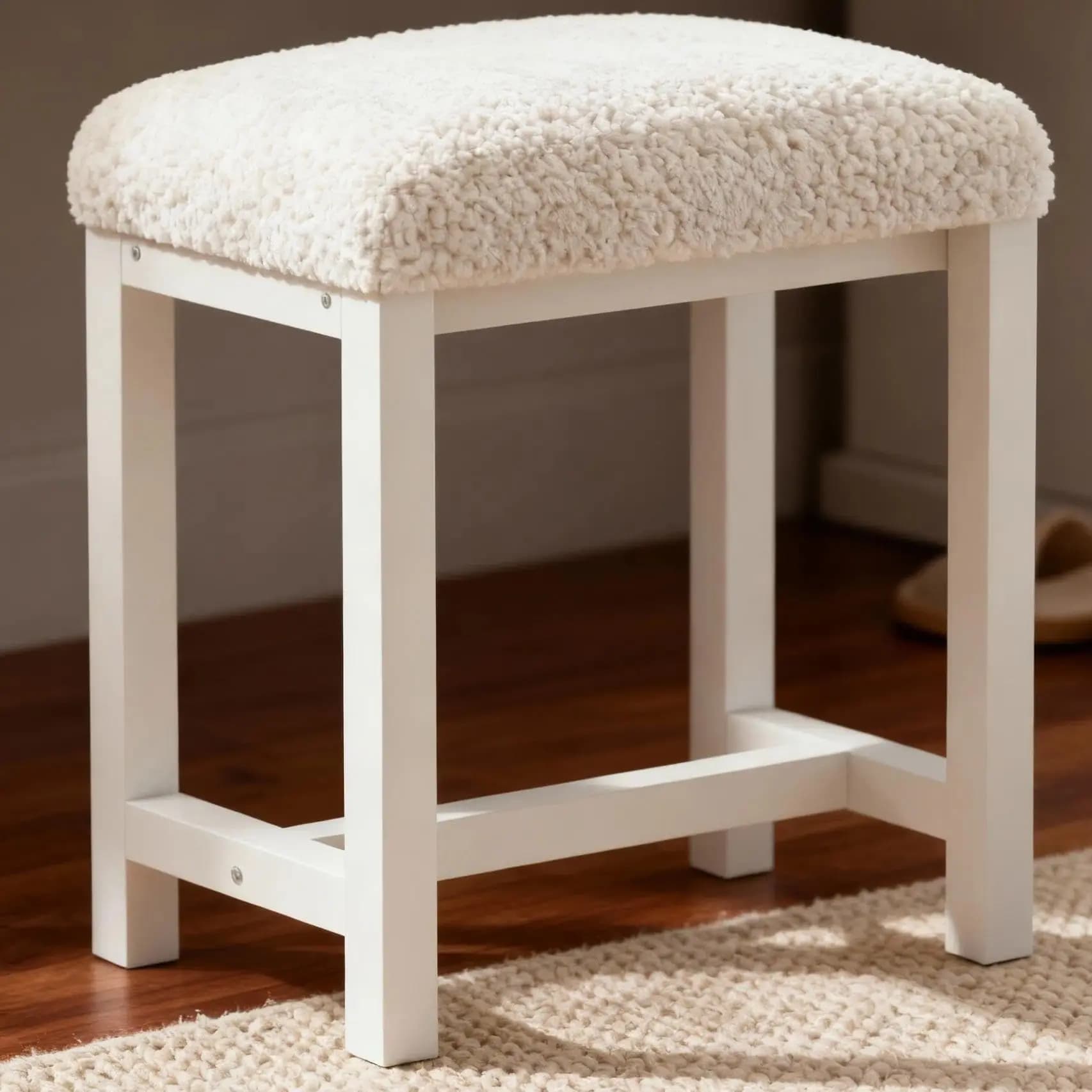 Sgabello imbottito in finta pelliccia bianca per camera da letto, soggiorno, bagno, piccoli spazi, stile moderno