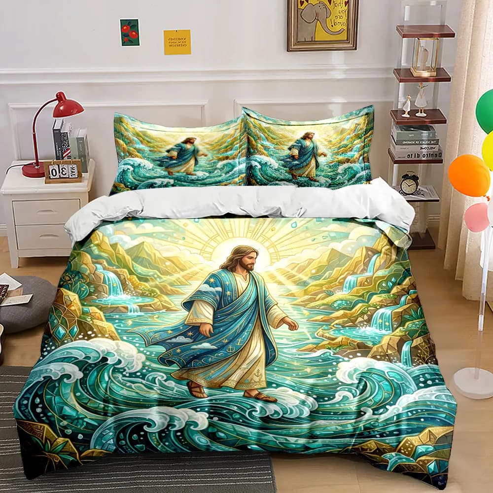 Persona in abito blu che cammina sull'acqua Stampa su tessuto morbido e confortevole Set di biancheria da letto con copripiumino incluso 1*copripiumino 2*federe