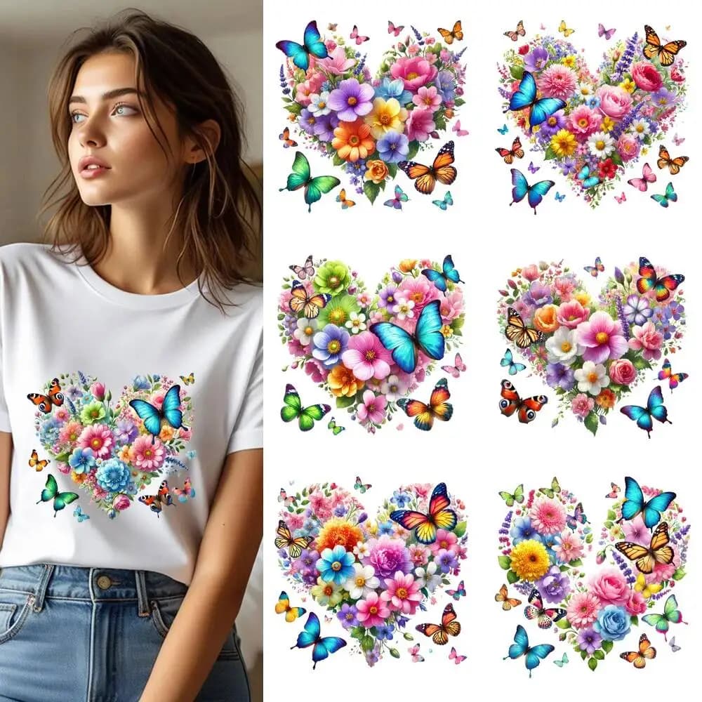 25CM Fine Spring Flowers Heart Butterflies Heat Transfer Patches For Clothes DIY A-Level Washable Shirt Iron-on Thermal Sticker