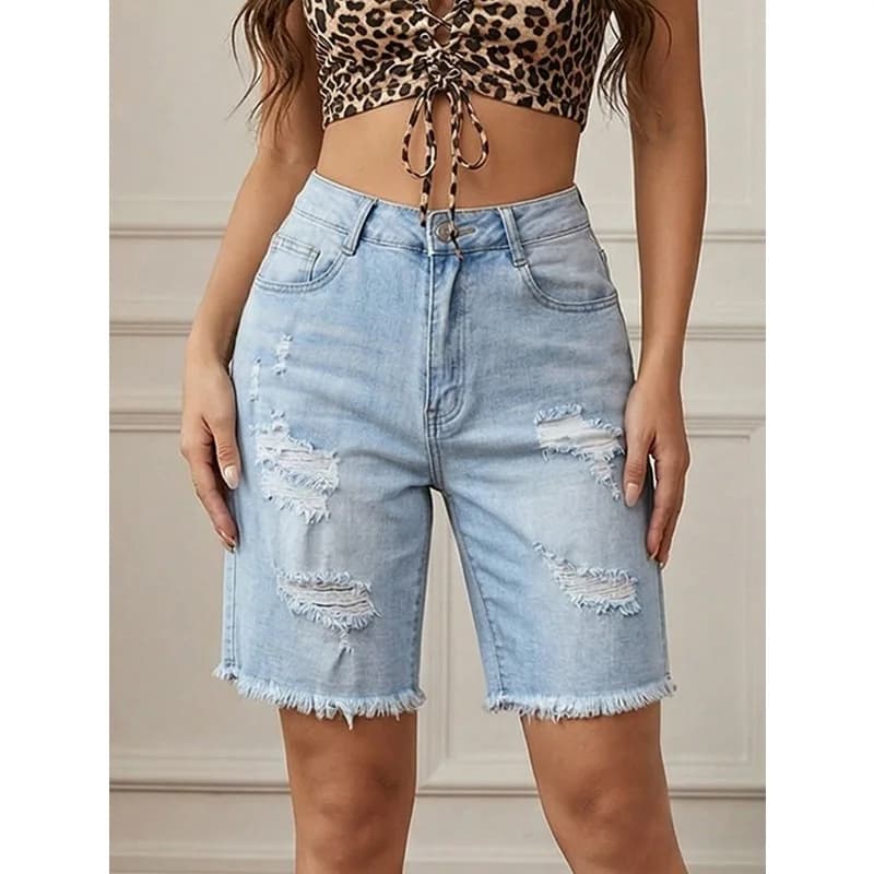 2026 Women's High Waist Distressed Denim Bermuda Shorts, Ripped Knee Length Jean Shorts With Frayed Hem & Pockets, Y2K Streetwear Summer Casual Bottoms