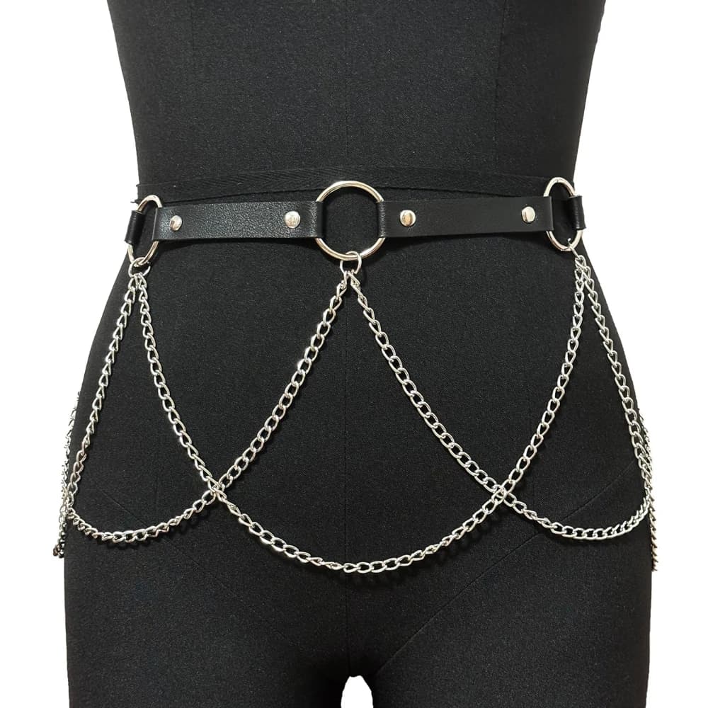 Cintura da Donna in Pelle PU Nera con Catene Argentate Multistrato, Anello a O Regolabile, Stile Gotico Punk, Accessori da Club