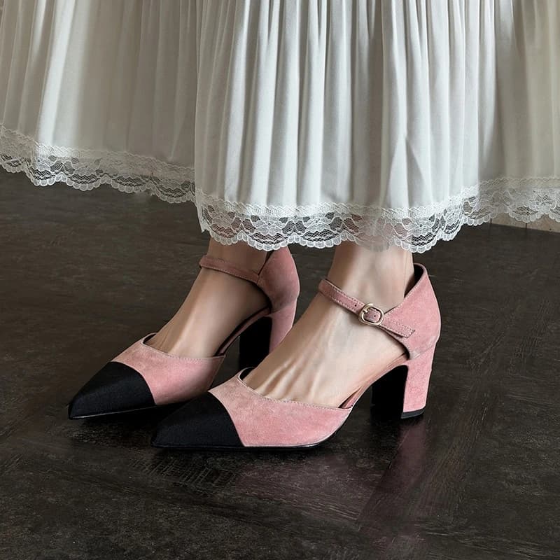 Nuovi sandali da donna in pelle scamosciata di pecora con tacco alto, color block, fibbia elastica a nastro, punta chiusa, sandali alla moda