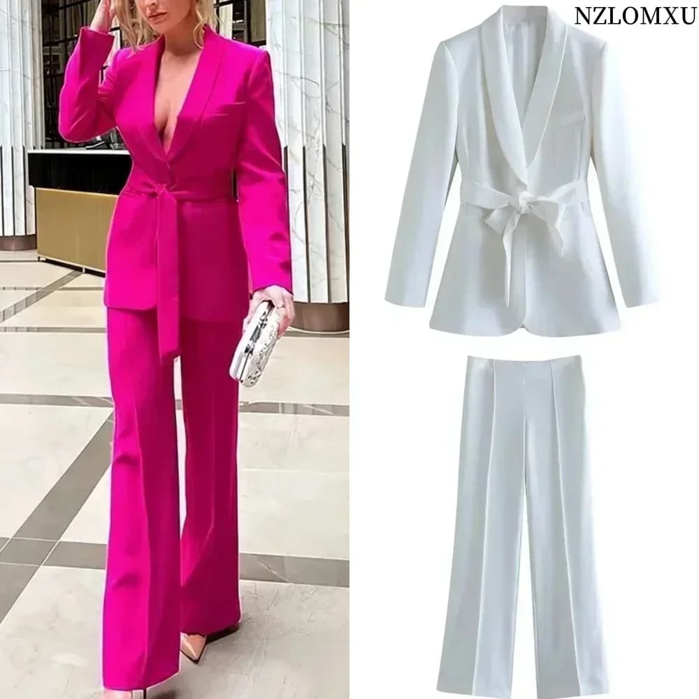 Women's casual long sleeve dress with V neckline, belt, accessories, complete, elegant, for commuters, high waist wide leg trousers set