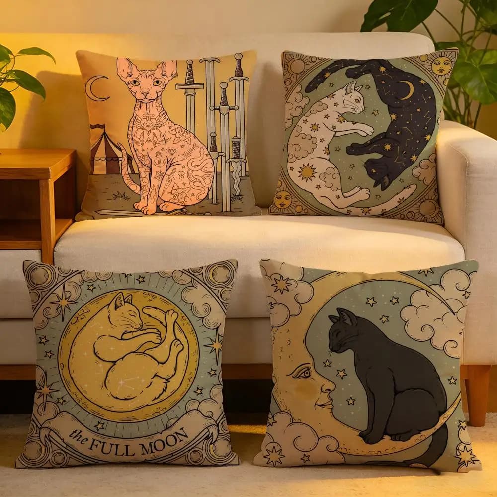 Cushion Cover Linen Skin-Friendly Soft Decorative Case for Sofa Home Decor Mucha-style Cat Tarot Pillow cover