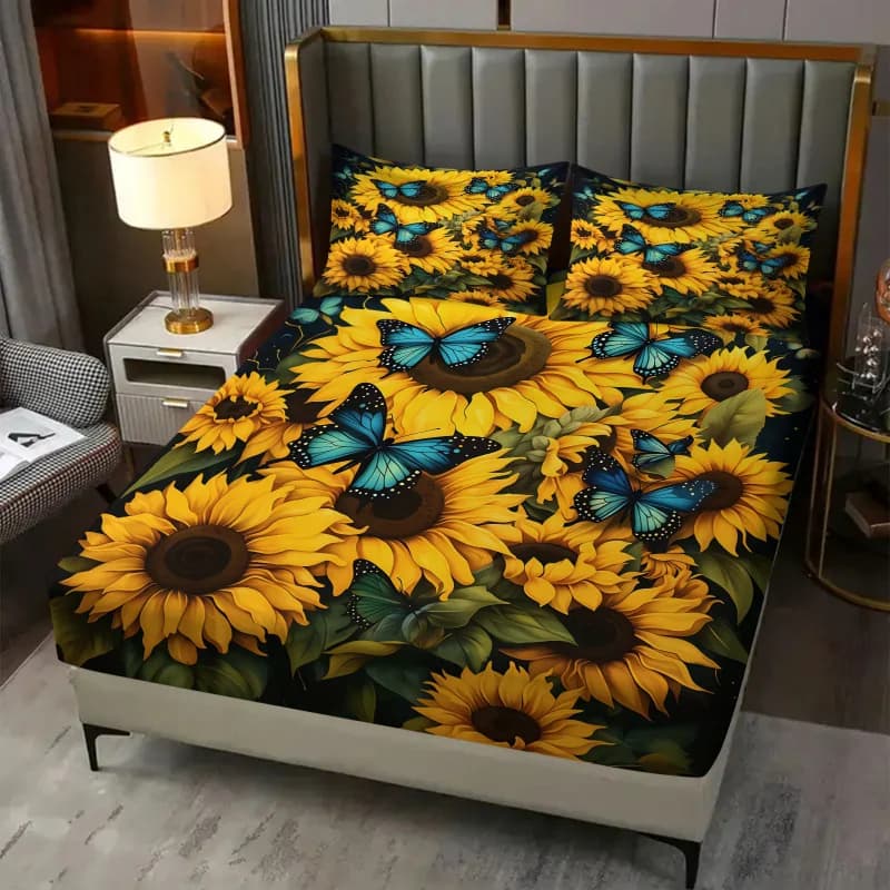 Sunflower Teal Butterfly Fitted Sheet Set Dark Background Vintage Oil Painting Floral Print Deep Pocket Bed Sheet with Pillowcas