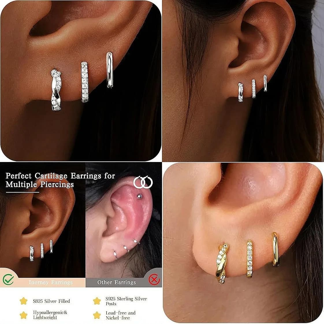 18k Real Gold Plated Copper Ear Buckle Set, 3 Packs Hypoallergenic Earrings for Women Trendy