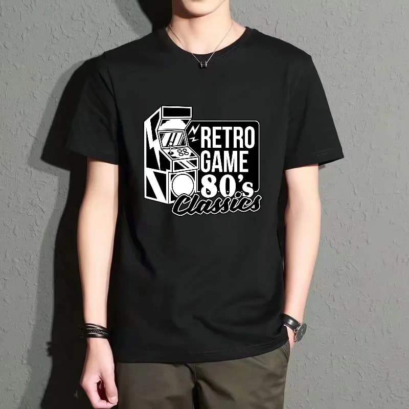 Men's Black Round-Neck Short-Sleeved T-Shirt, Retro 80S Game Print Top, Casual Street Style Loose Fit, Comfortable and Versatile for Everyday Wear