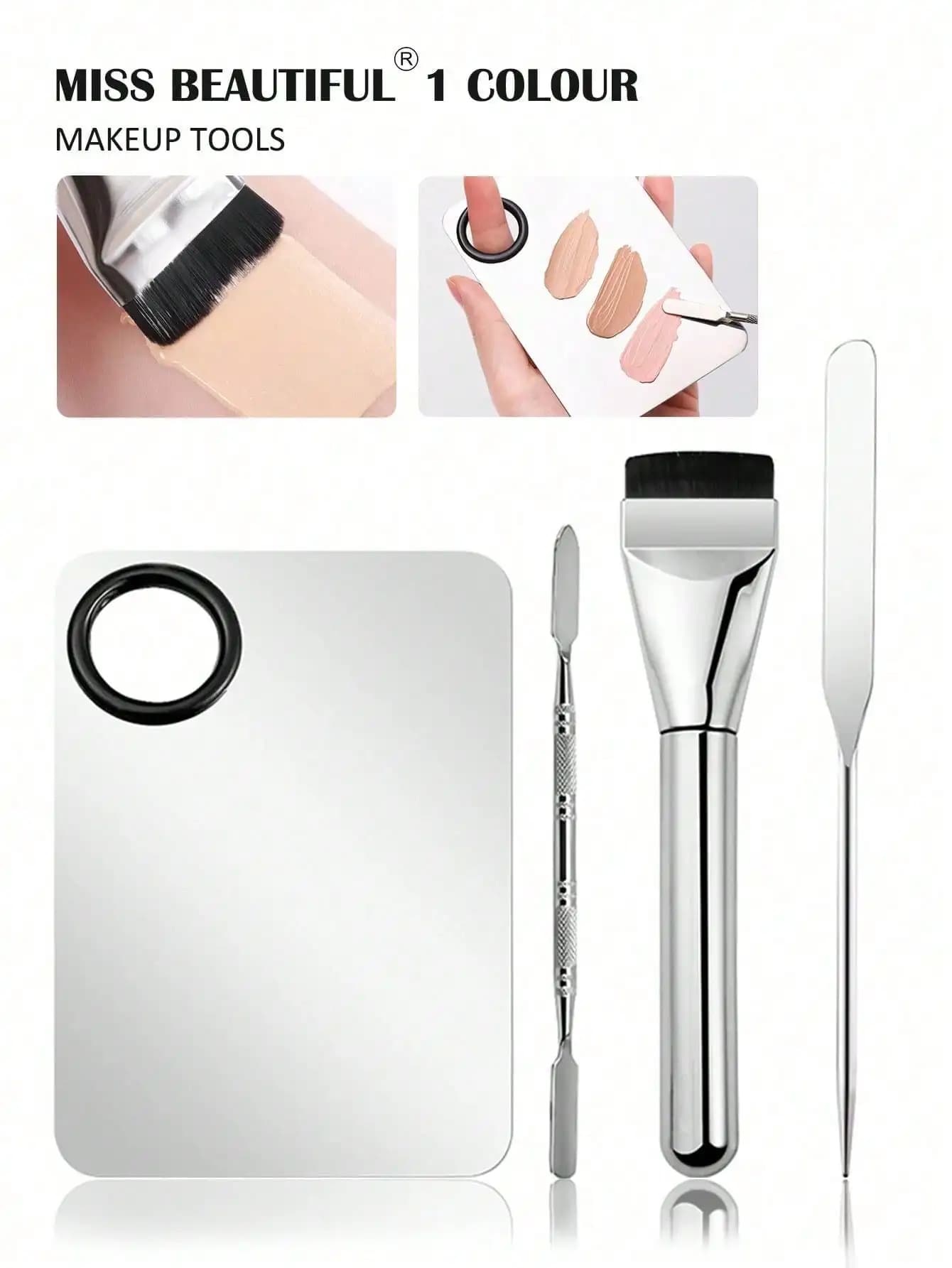Set di 4 palette per trucco in acciaio inossidabile, vassoio per miscelare con spatola, strumento cosmetico multifunzionale per la miscelazione di pigmenti