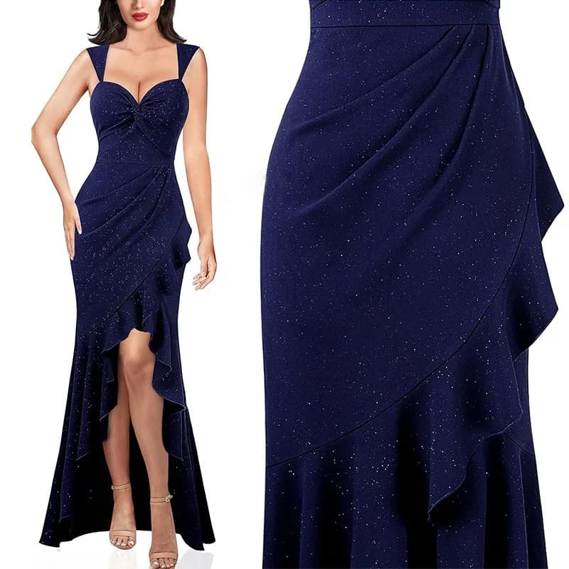 Princess Style High Waist Knitted Long Dress with Wrap Chest Sparkling Sequins Floor Length A-Line Skirt for Women