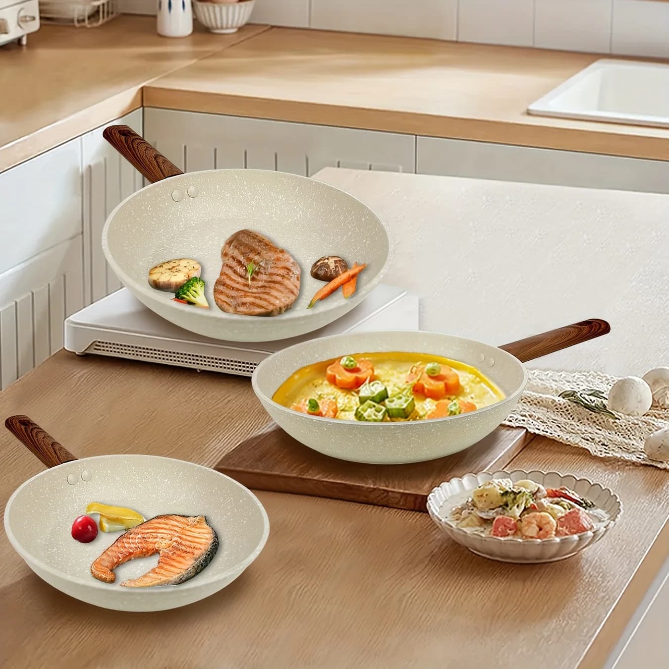 Premium 3-Piece White Non-Stick Fry Pan Set – 20cm / 24cm / 28cm Sizes | Smooth Cooking Surface | Heat-Resistant Ergonomic Handles | Ideal for Eggs, Pancakes, Steaks & Family Meals | Dishwasher-Safe & Easy to Clean