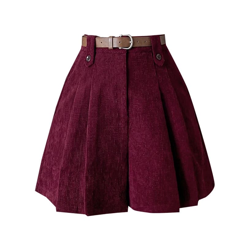 Moda Streetwear Gonne di velluto a coste Pantaloncini Donna Pantaloncini invernali a pieghe a gamba larga larghi con cintura Culottes Pantaloni corti a trapezio da donna