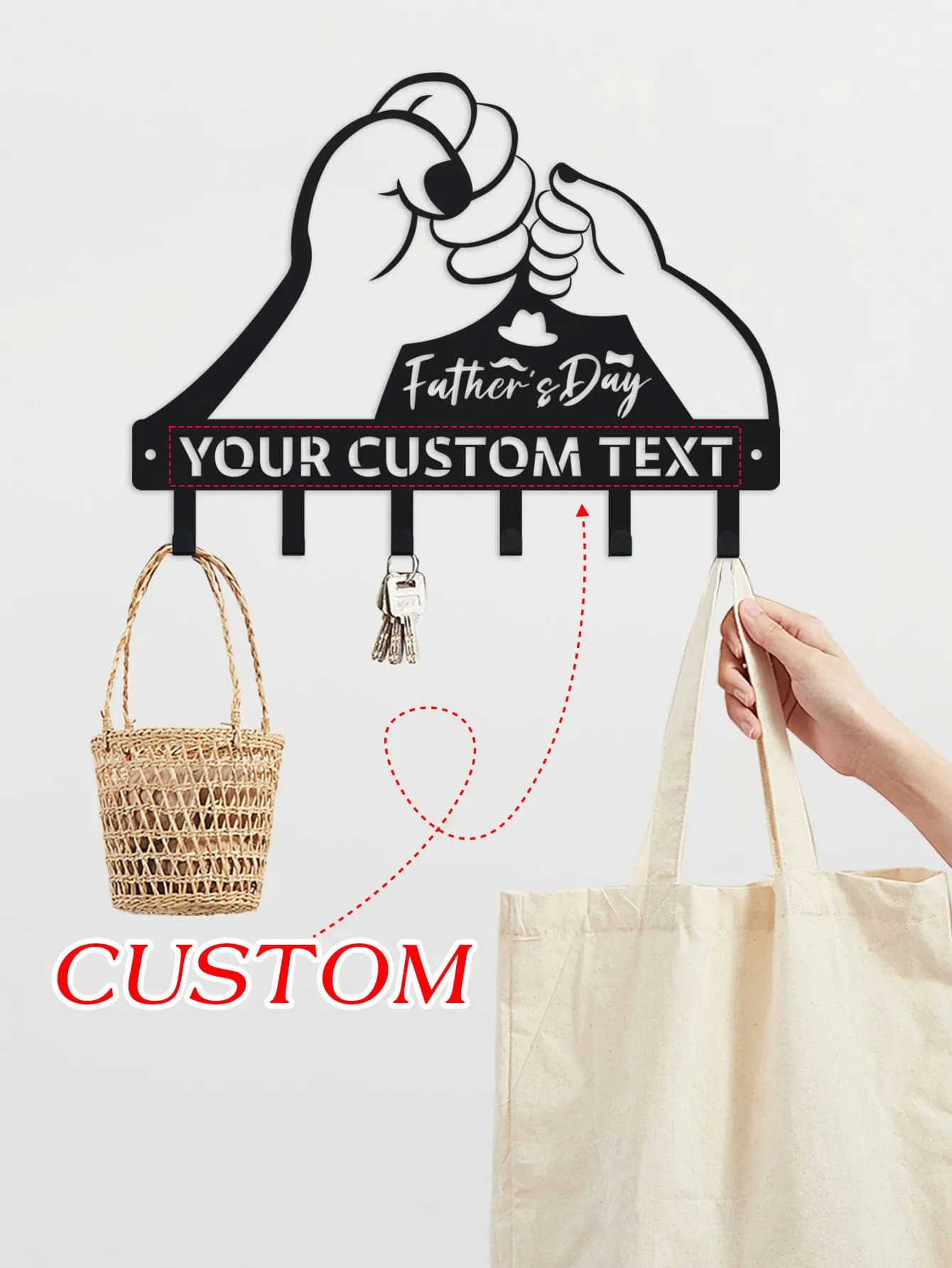 Decorazione da parete portachiavi in metallo personalizzato: nome personalizzato inciso, regalo per la festa del papà per papà, design con pugno del padre-figlio, durevole