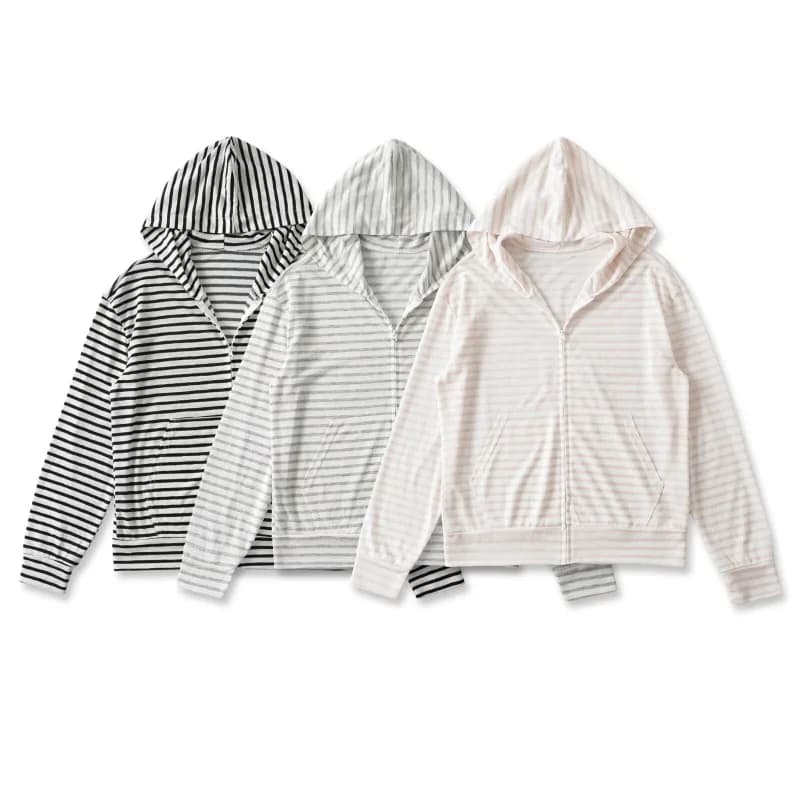 Lightweight Long Sleeve Zipper Hooded Open Cardigan Soft Breathable Striped Loose Fit Women's T-Shirt Spring Summer Casual