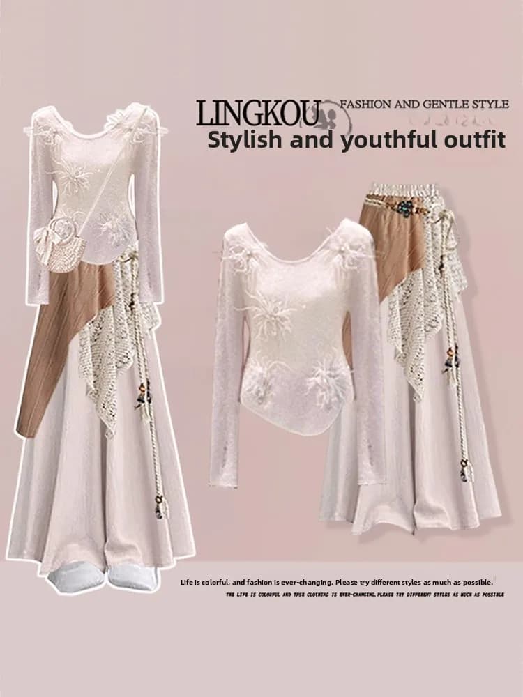 Sweet Style Women's Three-Piece Set Gentle Wind Casual High Waist Slimming Pants Long Sleeve T-Shirt High Waist Pants Autumn ...
