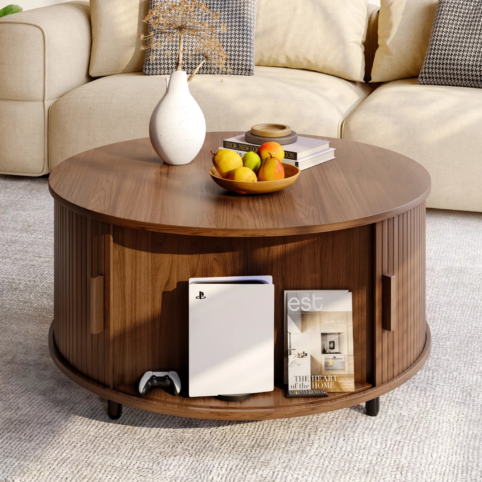 Tavolino rotondo con contenitore, tavolino moderno da 1,5" con 360 ° Porta scorrevole curva, tavolino da caffè con accento in legno incollato