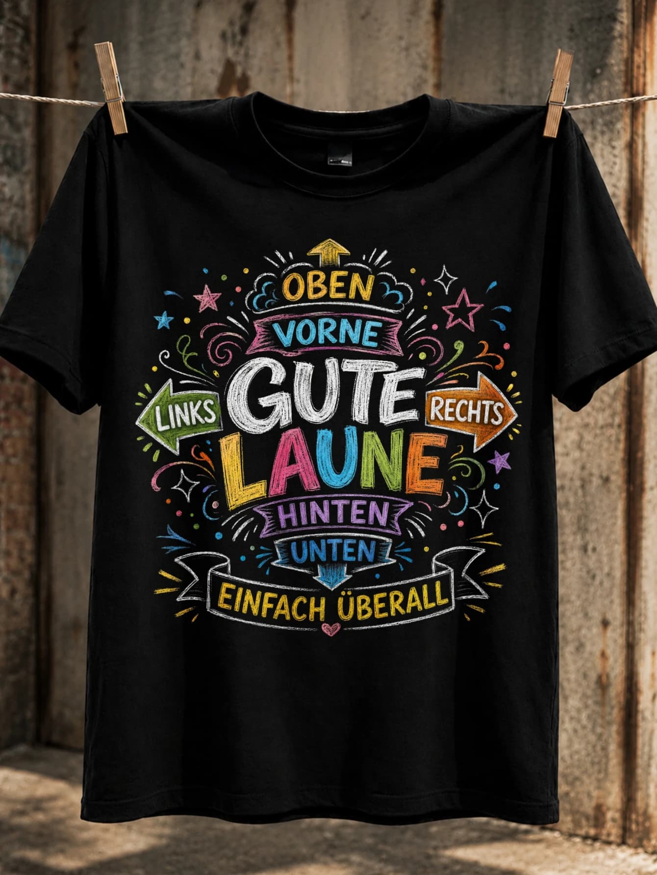 Gute Laune Chalk Style Direction Arrows Stars And Doodles Oben Vorne Links Rechts Hinten Unten Unisex All T-Shirt