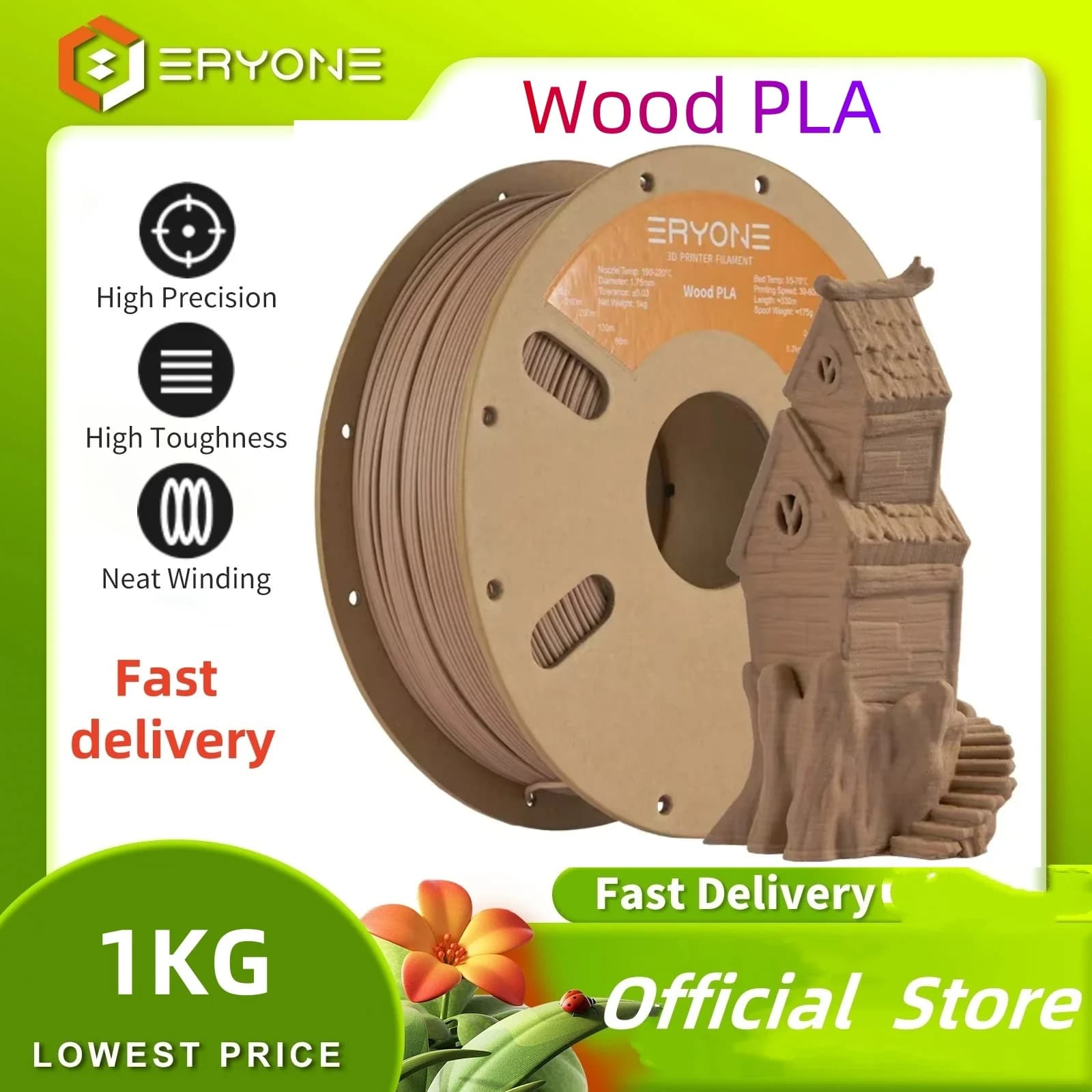 Eryone 1KG PLA Premium Wood 3D Printing Filament, Real Wood Fairy, Deep Light, Wood Plaque, PLA Wood