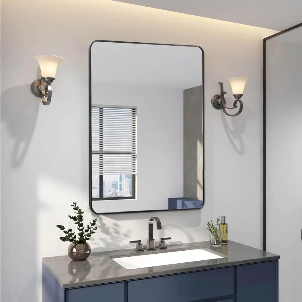 Specchio da Bagno Rettangolare 24x36" con Cornice in Metallo Nero, Specchio da Parete per Arredo Bagno Moderno