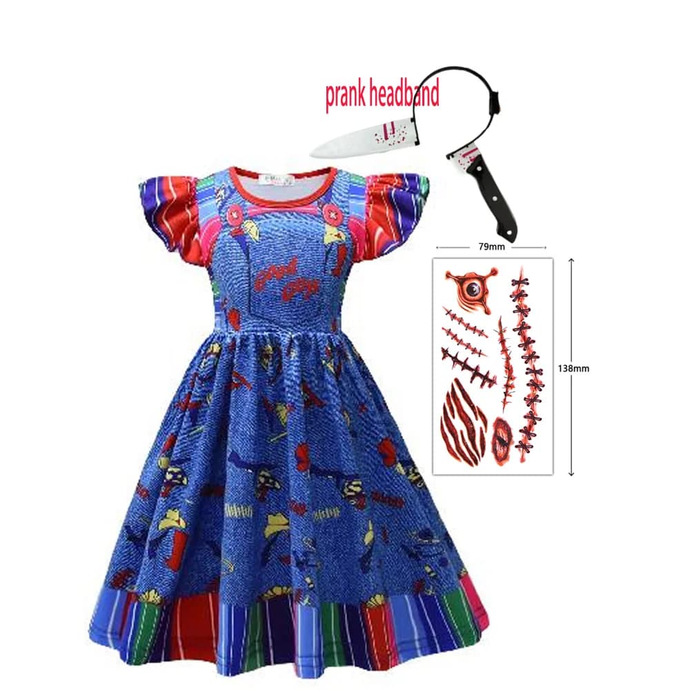 Costume da ragazza di Halloween Chucky ChildPlay Abito blu da cartone animato con fascia per scherzo per costume cosplay Chucky per ragazza
