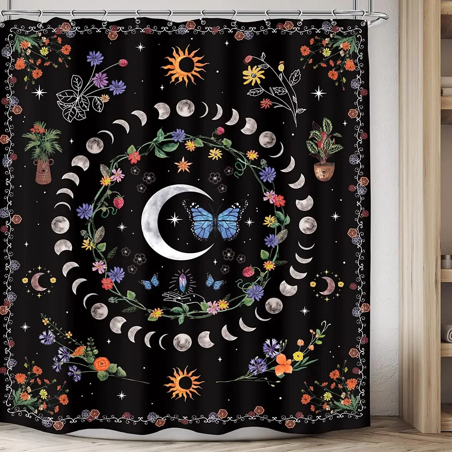 Boho Moon Phase Tenda da doccia Astratta Sole Stelle Farfalla Fungo Fiori Pianta Foglie Decorazione per il bagno Tessuto con ganci