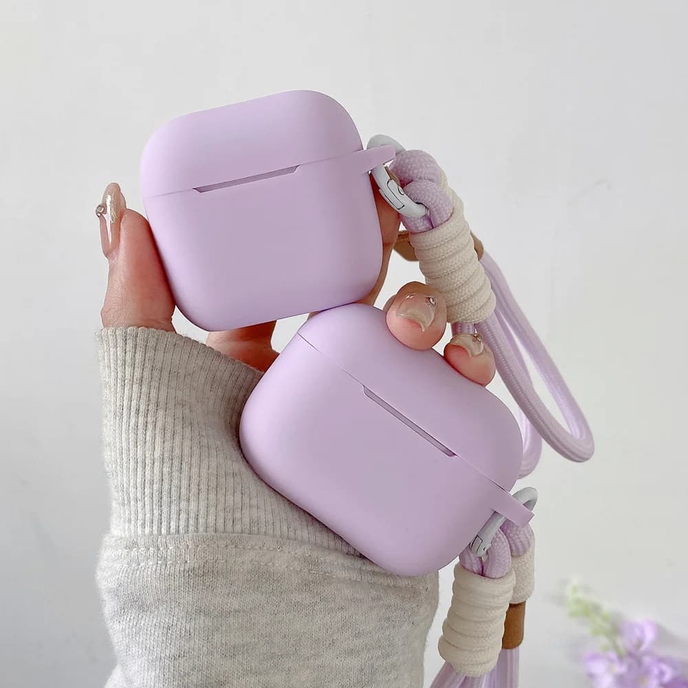 Custodia per auricolari unita in silicone opaco viola lavanda per AirPods Pro 2 con corda anti-perdita per AirPods 1 2 3 4 Custodia morbida Funda