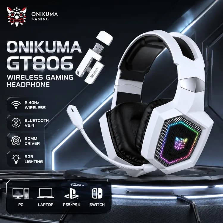 ONIKUMA GT806 Gaming Headset 2.4GHz Wireless Bluetooth 5.3 Tri Mode 50mm Driver RGB Mic Low Latency for PC PS5 PS4 Laptop Switch