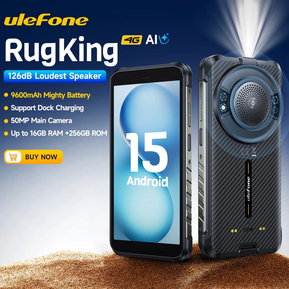 【2025 Nuovo】Ulefone RugKing 4G Smartphone robusto Android 15 Fino a 16 GB + 256 GB 9600 mAh NFC 50 MP Cam principale Altoparlante impermeabile