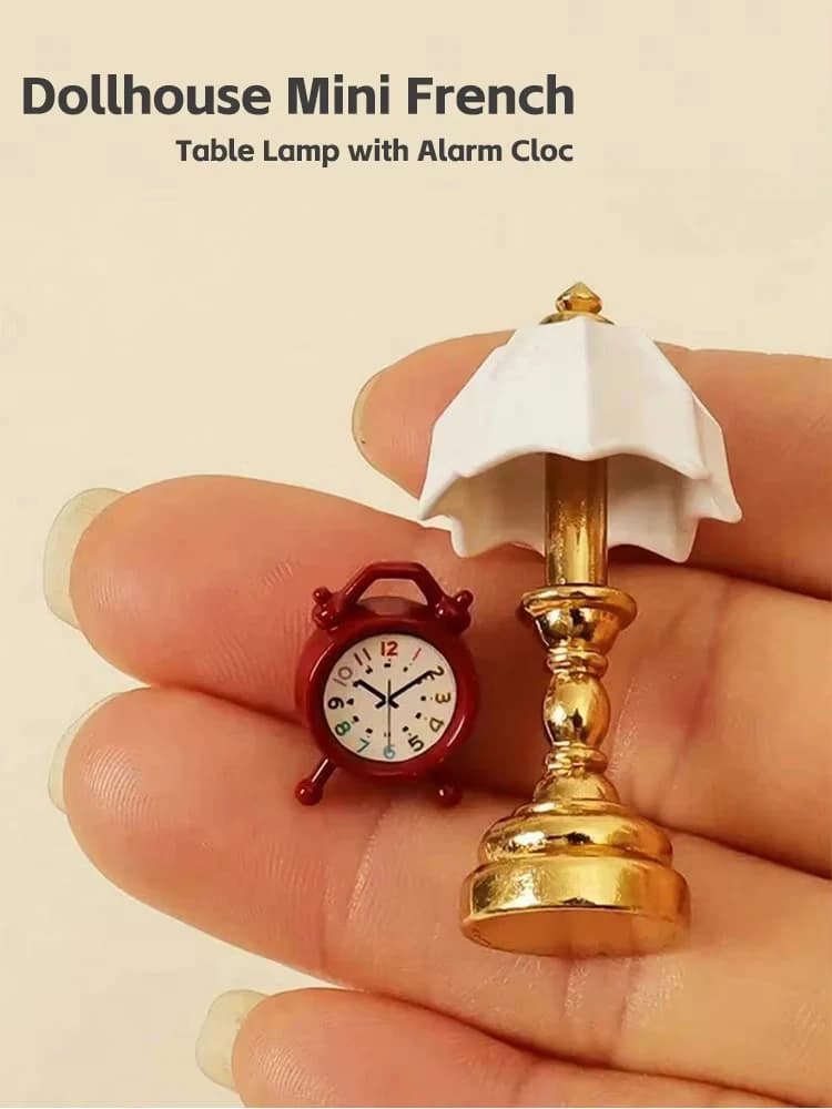 Dollhouse Mini French Table Lamp with Alarm Clock, Alloy Steel 1:12 Model Decor, No Power Required for Bedroom/Living Room