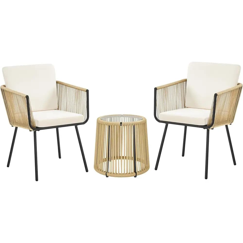 All-Weather Outdoor PE Wicker 3-Piece Bistro Set with 2 Chairs, Glass Top Table, and Cushions for Patio, Poolside, Porch, Garden