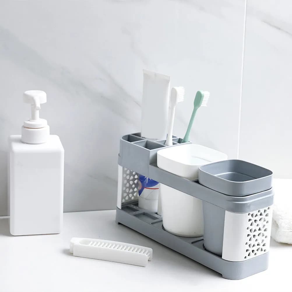 Portaspazzolini e Porta Dentifricio da 2 Tazze e 5 Scomparti, Organizzatore da Bagno con Vassoio di Drenaggio da Appoggio, Bordo Sottile Antiscivolo e Robusto