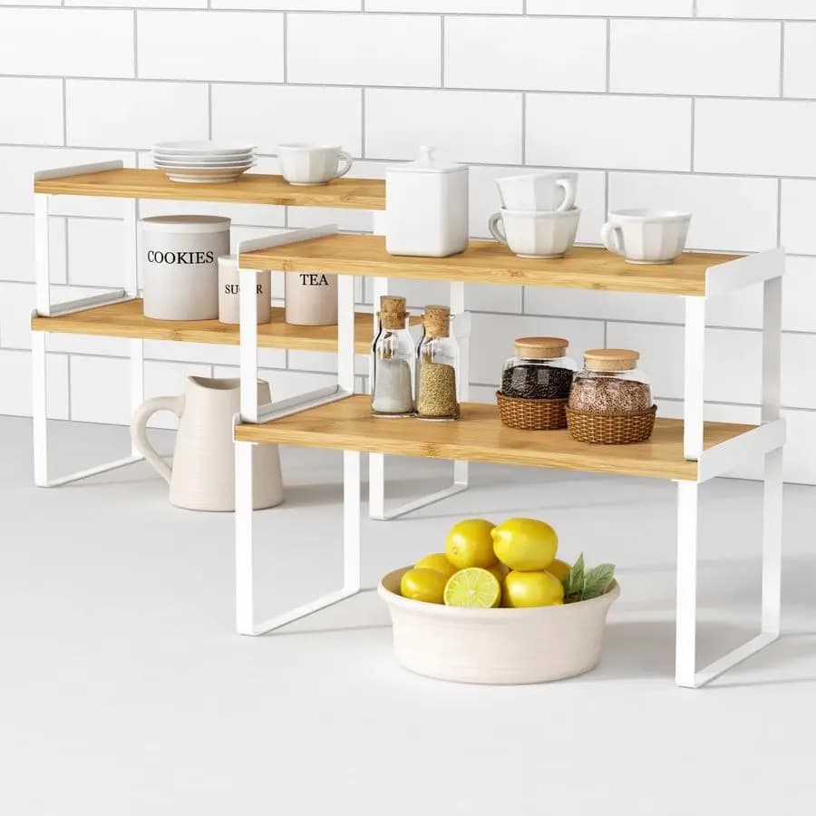 Set di 4 Scaffali Organizzatori per Armadi, Grandi Ripiani Impilabili per Dispensa e Cucina, Organizzatore da Scrivania, Porta Spezie