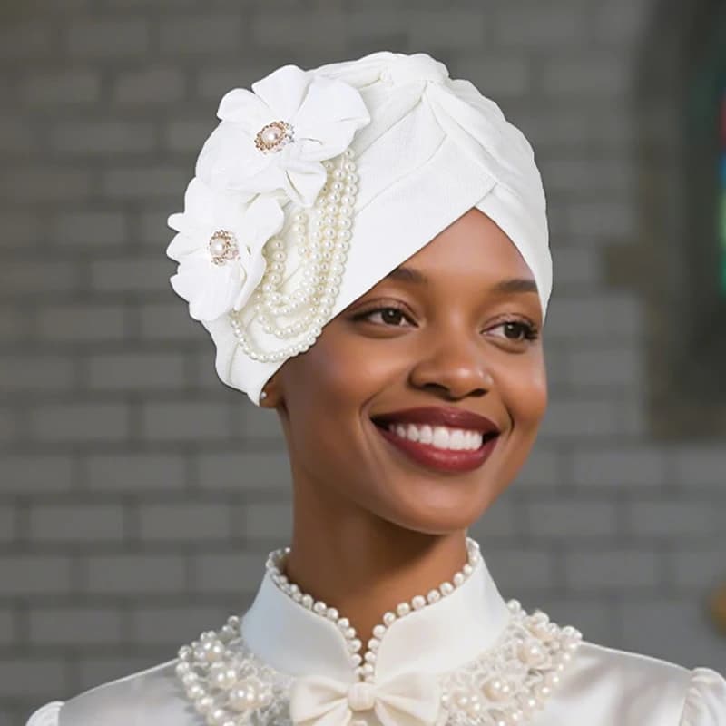 Perle che bordano il berretto del turbante per le donne Design floreale avvolge la testa femminile foulard musulmano copricapo copricapo perdita di capelli