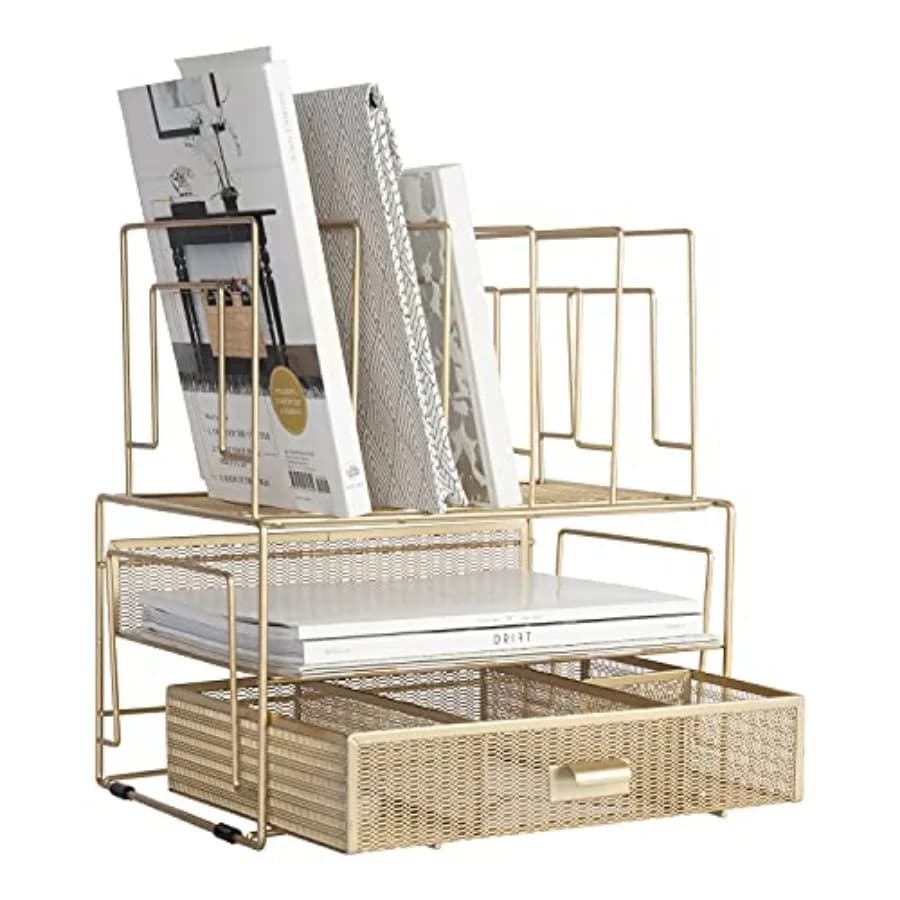 Organizzatore da Scrivania con Cassetto, Portadocumenti in Rete Metallica e Organizzatore Verticale per Forniture da Ufficio, Documenti e Oggetti