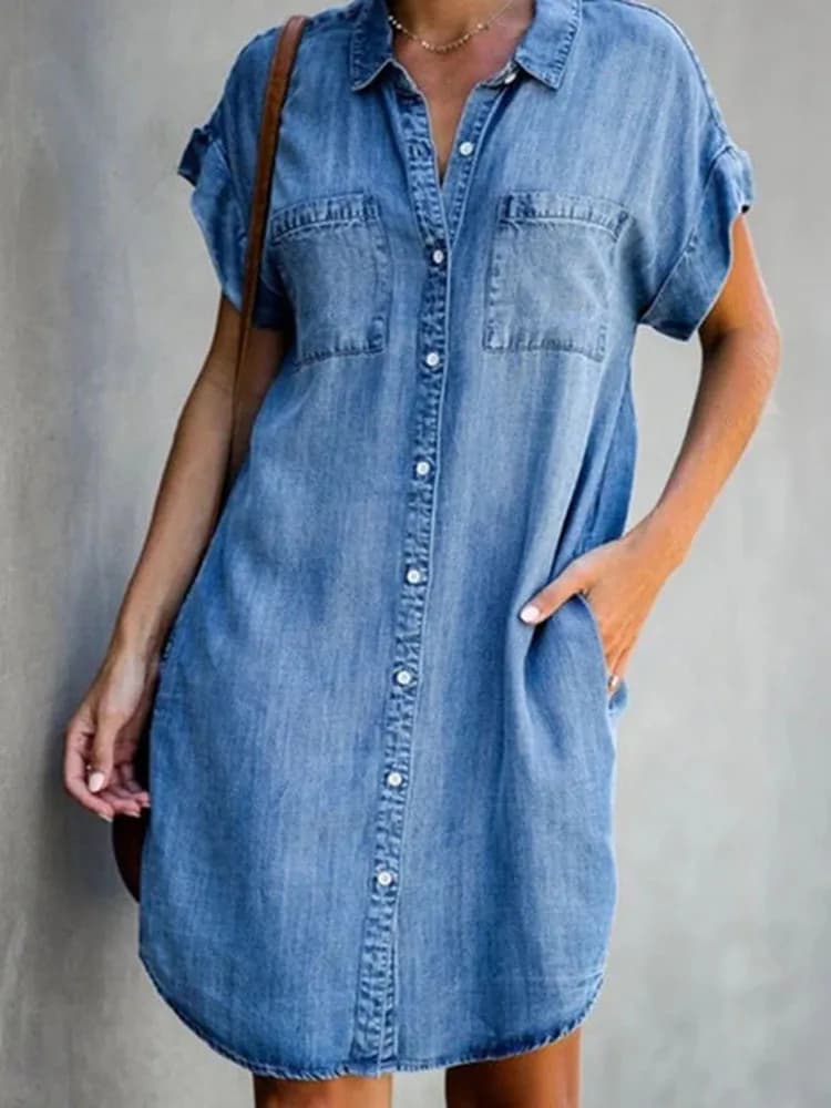 Summer New Single Breasted Denim Shirt Dress Women's Casual Loose Pocket Simple Retro Commuter Female Office Denim Short Skirt