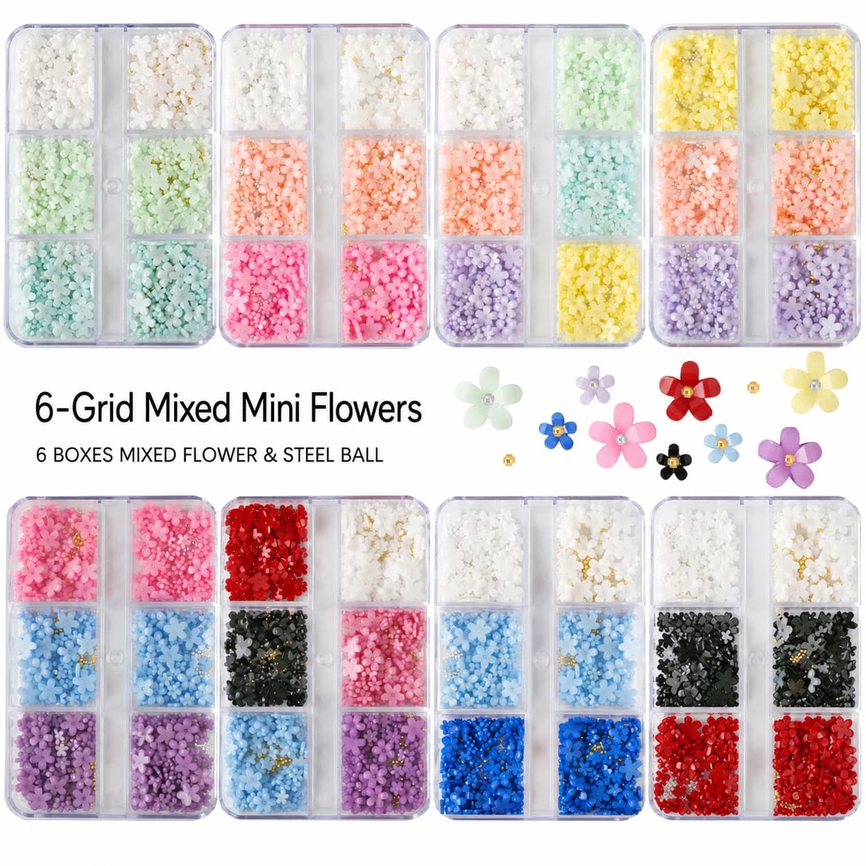 6 Grid Nail Decorations Delicate Mini Resin Flowers Nail Art Steel Beads Fresh 3d Nail Charms For Home Manicure