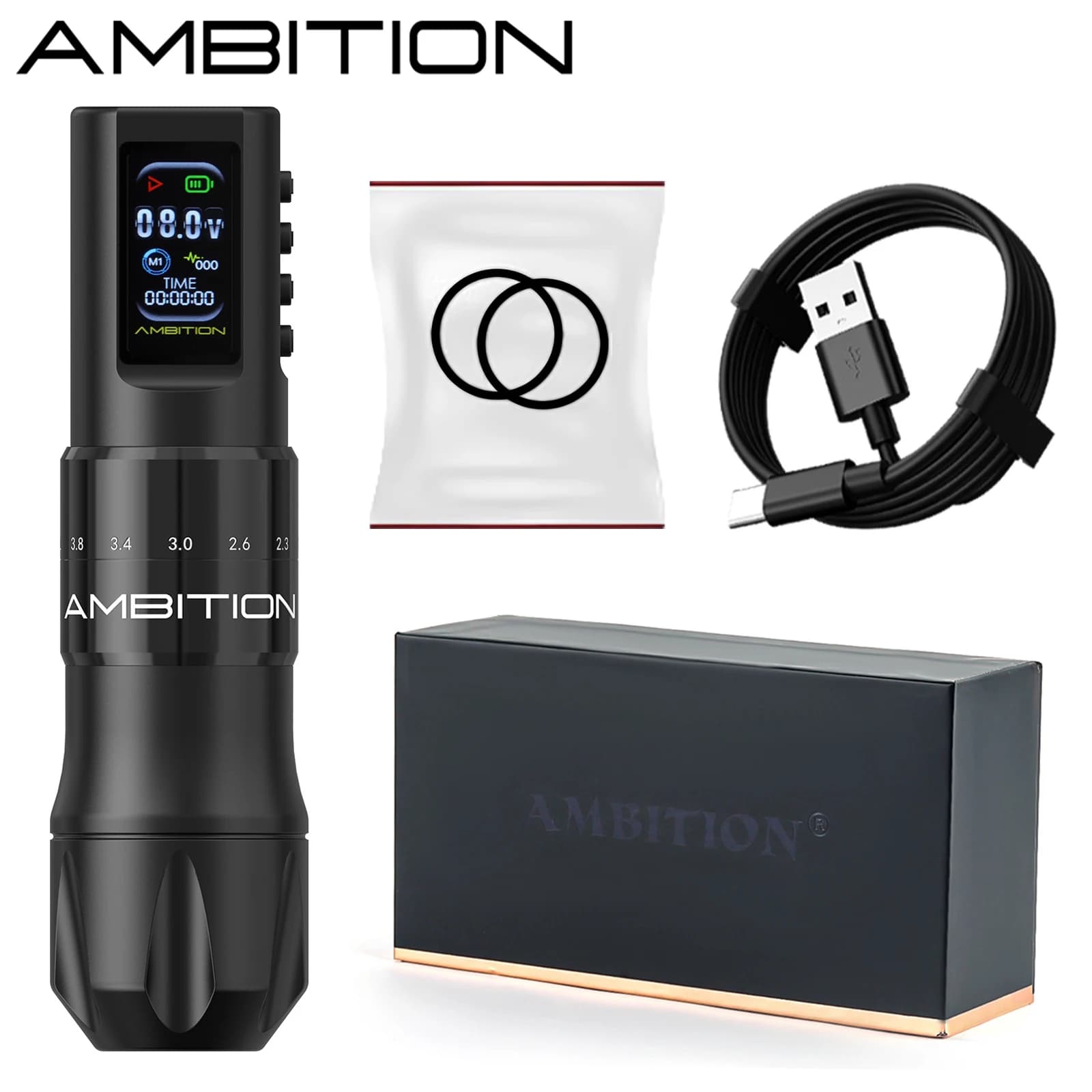 Ambition C2 Penna per macchina per tatuaggi wireless regolabile a 7 tempi Motore coreless Batteria da 1600 mAh Penna per microplasty per trucco per arte del tatuaggio