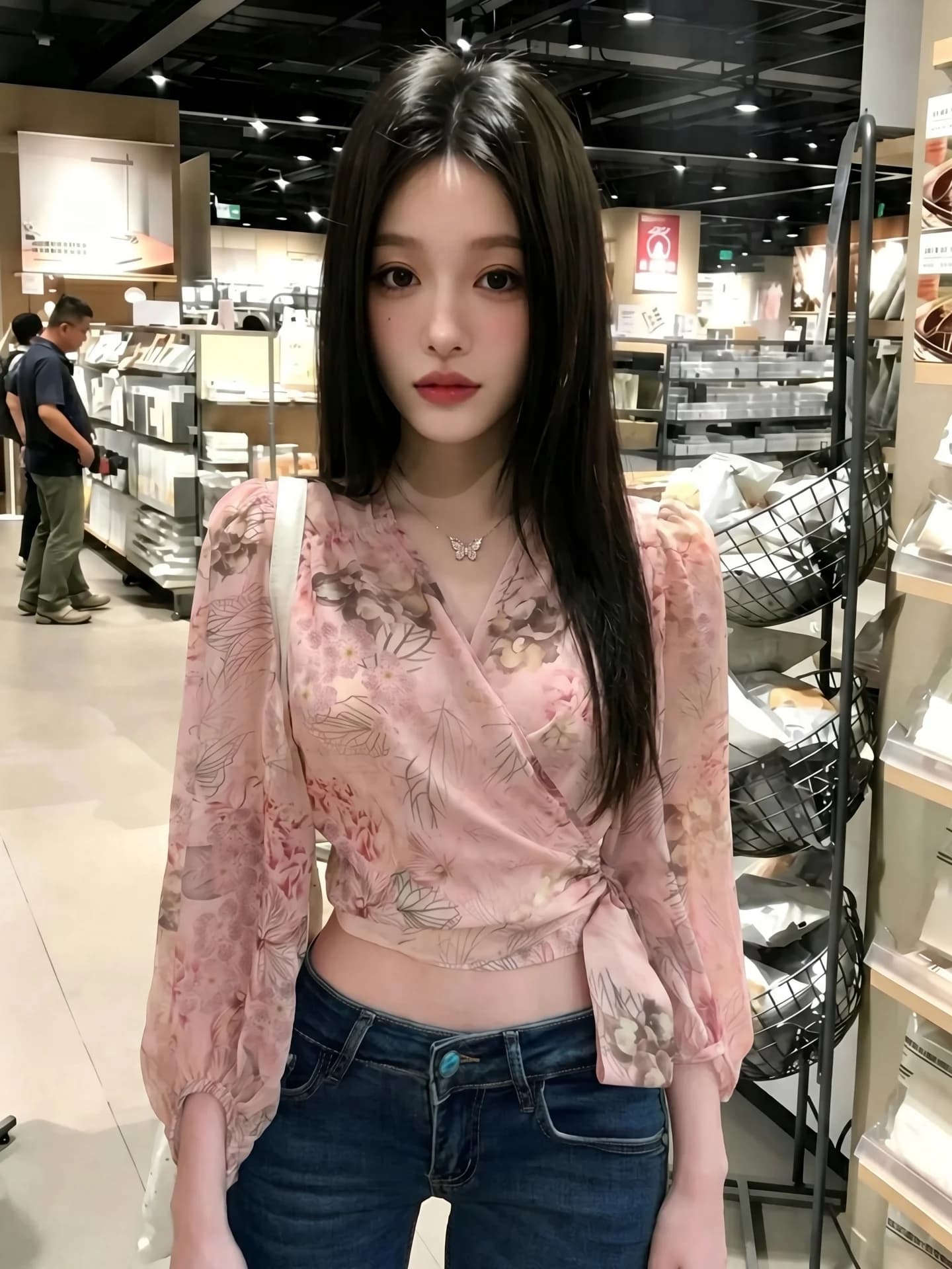 Pink Floral Print Long Sleeve Women's Shirt Short Style Waist Cinched Summer Design Pure Desire V-Neck Bubble Sleeve Chiffon Top