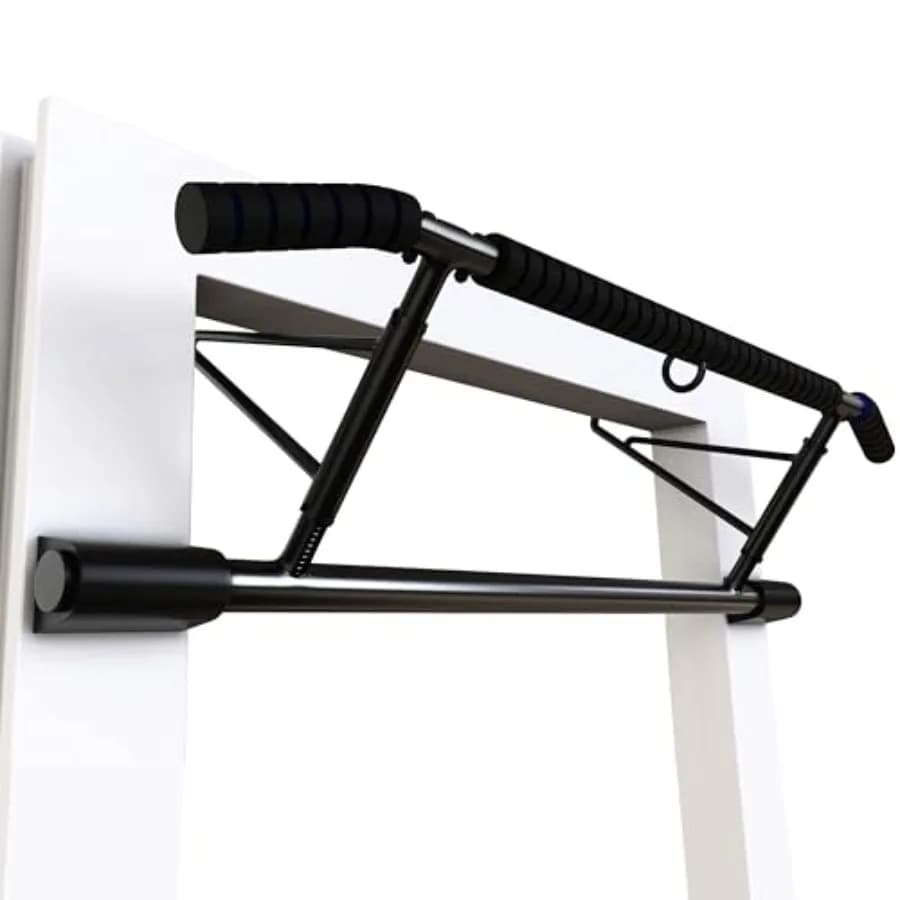 Home gym doorway pull-up bar for 70-92cm width frames, steel construction, black finish, padded handles, no drilling or assembl