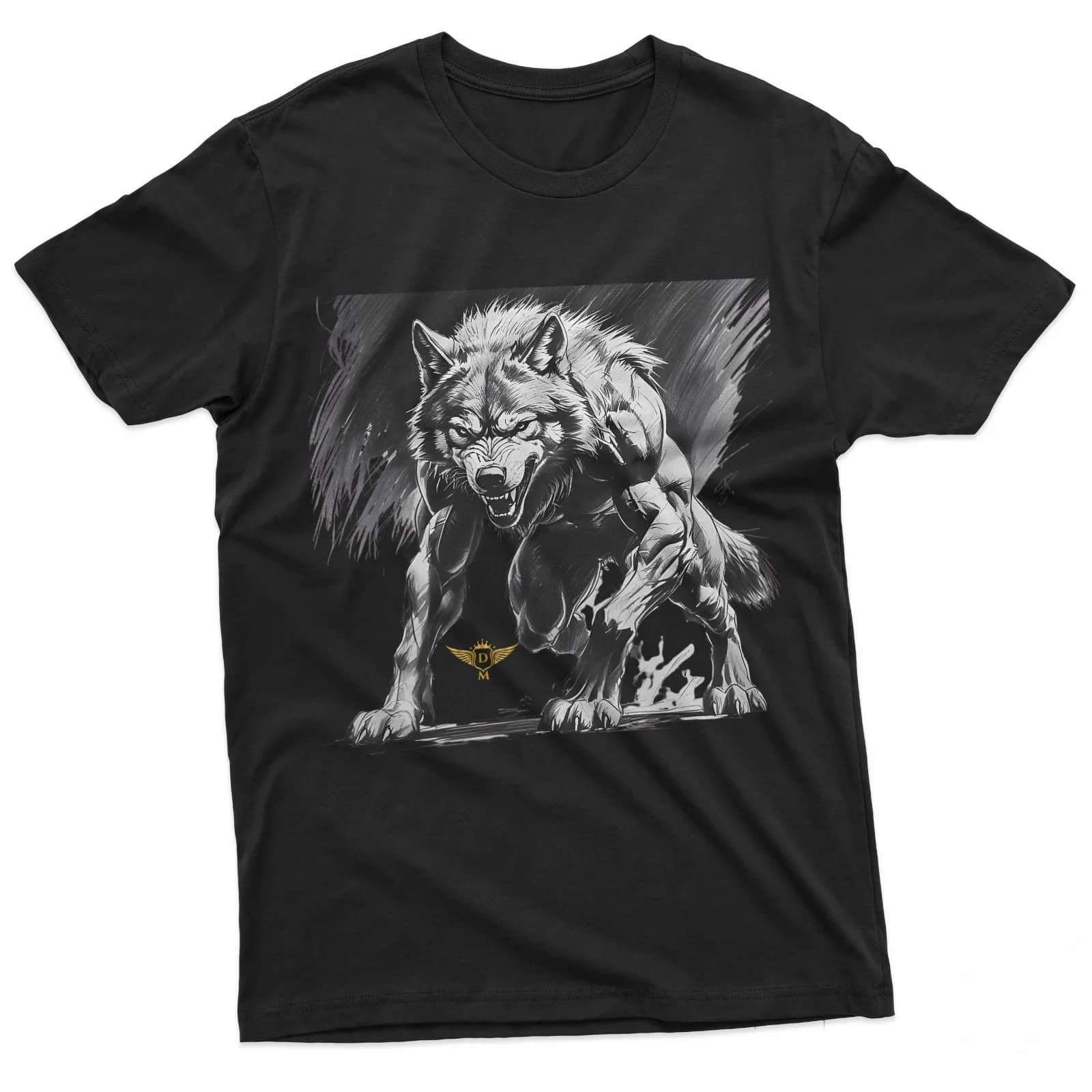 T-shirt con stampa artistica a inchiostro con testa di lupo mannaro in bianco e nero