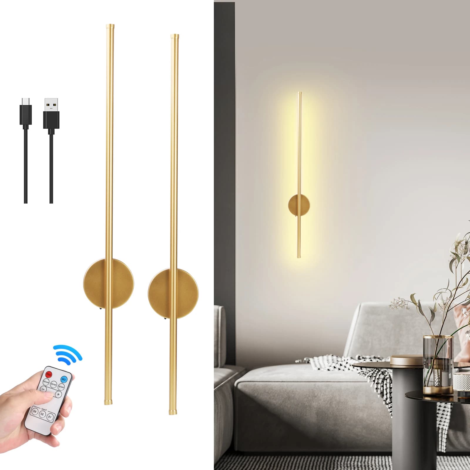 Lampada da parete wireless a LED 50cn/80cm Lampada da notte lunga ricaricabile USB 5V con telecomando Lampada da comodino moderna e semplice per camera da letto
