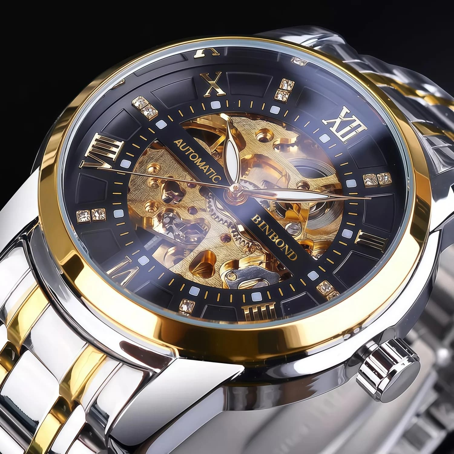 Automatic BINBOND Men's Watch, Leather Strap, Roman Numerals, Waterproof 30M, Festive Gift