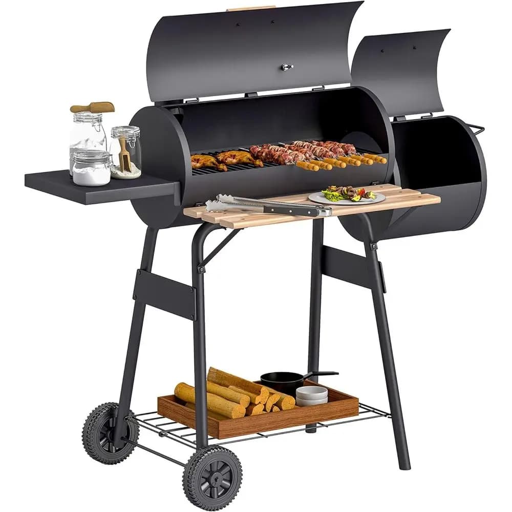Griglia a Carbone con Affumicatore Oset, 231 Pollici Quadrati Area Cucina, Barbecue a Botte e Affumicatore Combinato con Tavoli Laterali, Ripiano e Termometro