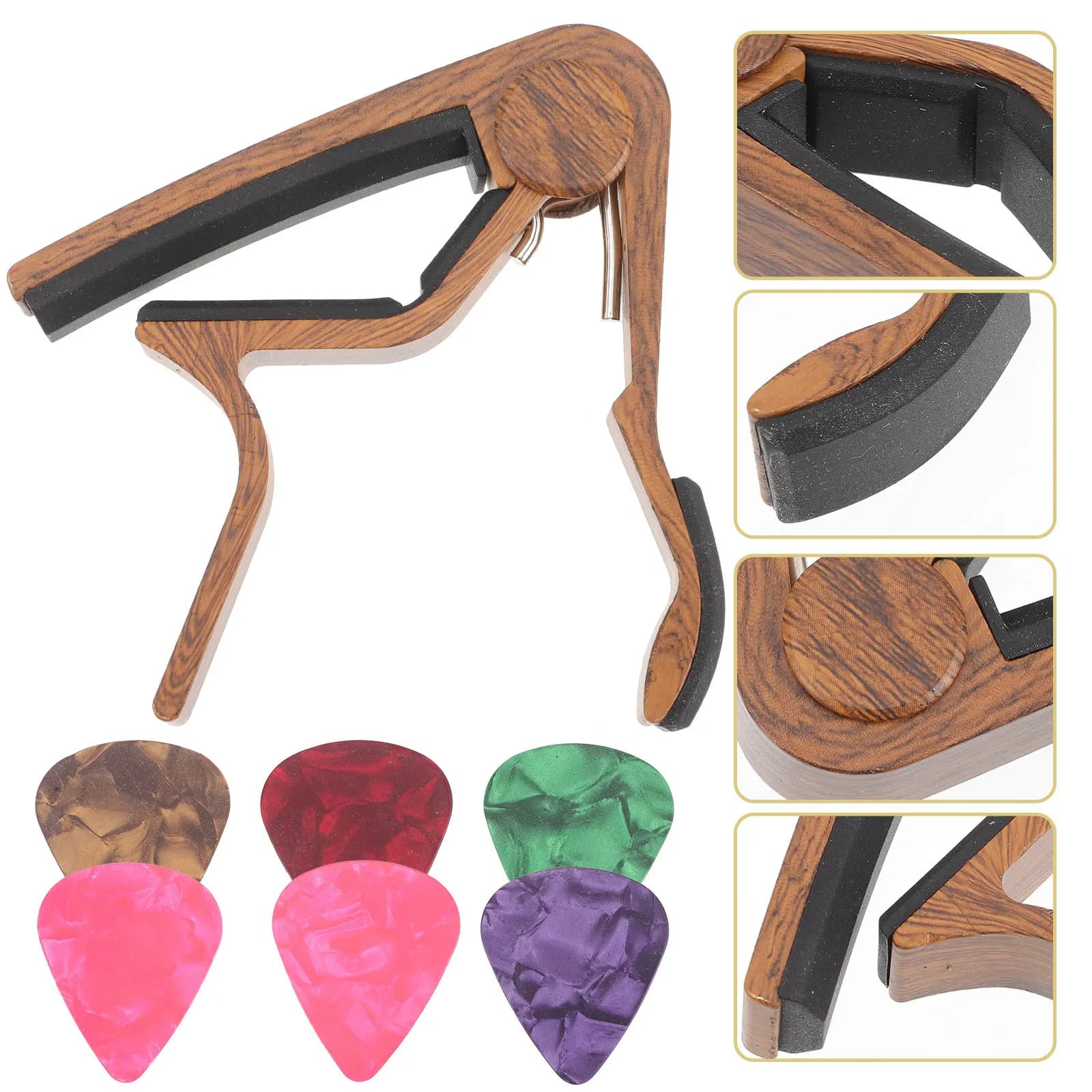 Set di 1 capotasto per chitarra con plettri, lavorazione squisita, resistente all'usura, portatile, per chitarra elettrica, acustica e ukulele.