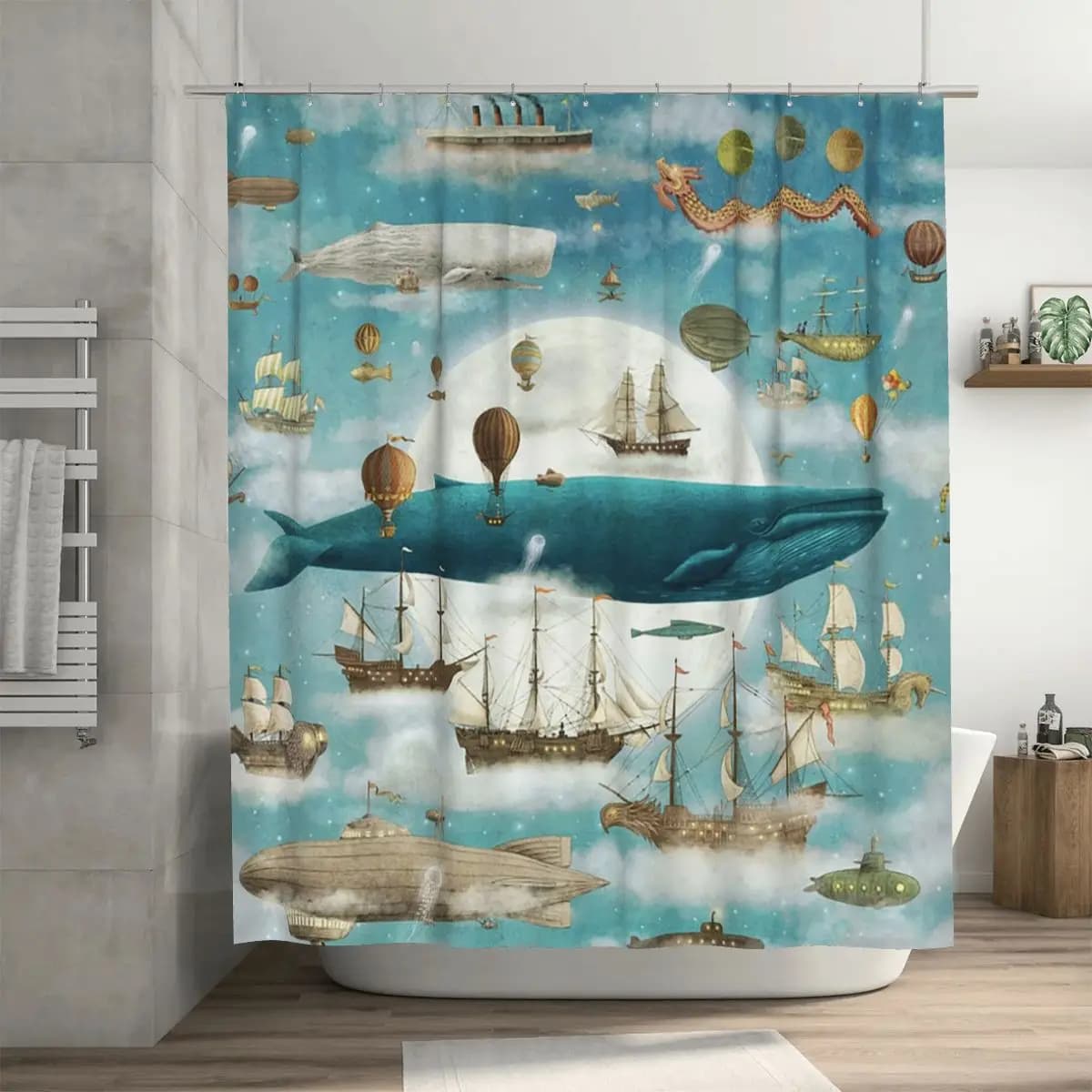 Ocean Meets Sky - Tenda da doccia con motivo artistico, tende da bagno impermeabili in poliestere con ganci