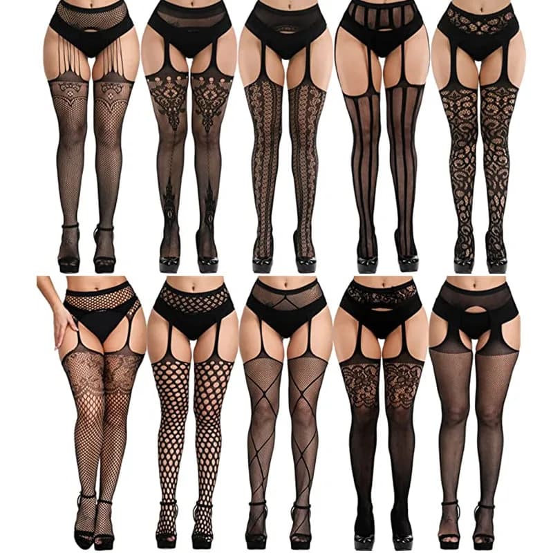 Calze da donna sexy Collant a rete Collant trasparente senza cavallo Collant alto ricamato elastico con reggicalze