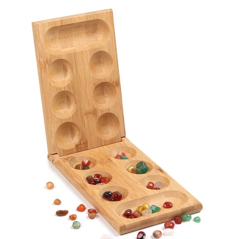 Mancala gioco da tavolo con pietre colorate ciottoli tavola di legno pieghevole Set di scacchi R9JD