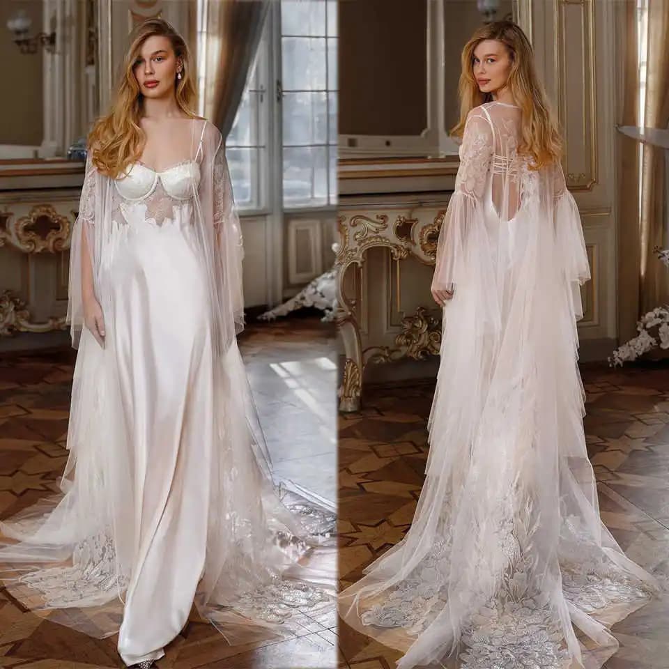 Elegante Vestaglia da Donna con Applicazioni in Pizzo, Manica Lunga, per Sposa, Matrimonio, Fotografia, Personalizzabile